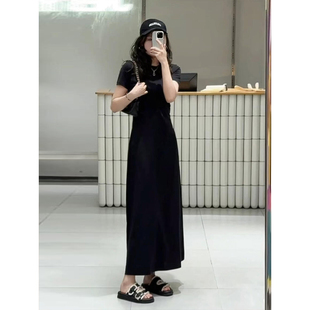 黑色连衣裙女修身半袖绝美长款到脚踝高级感裙子a字气质2025新款