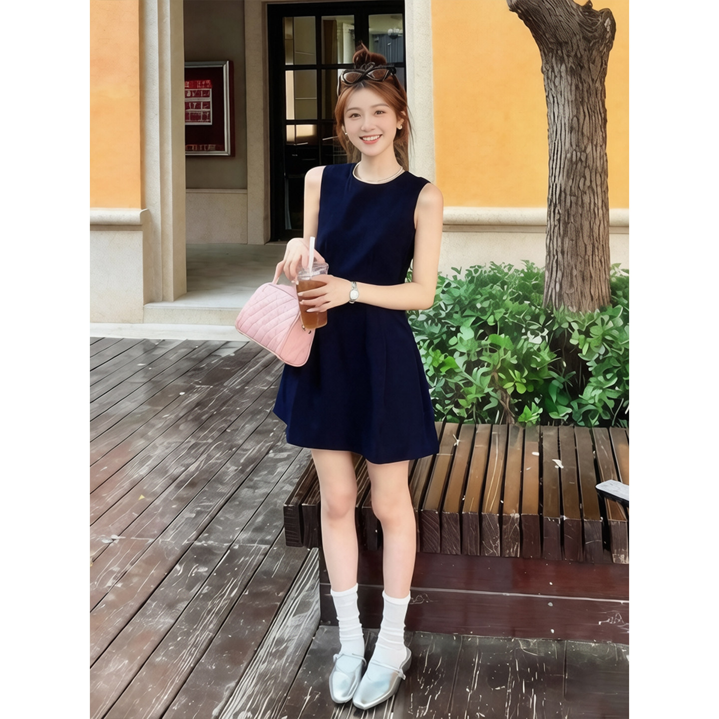 藏青色无袖连衣裙女夏季收腰显瘦a字短裙子气质通勤赫本风高级感