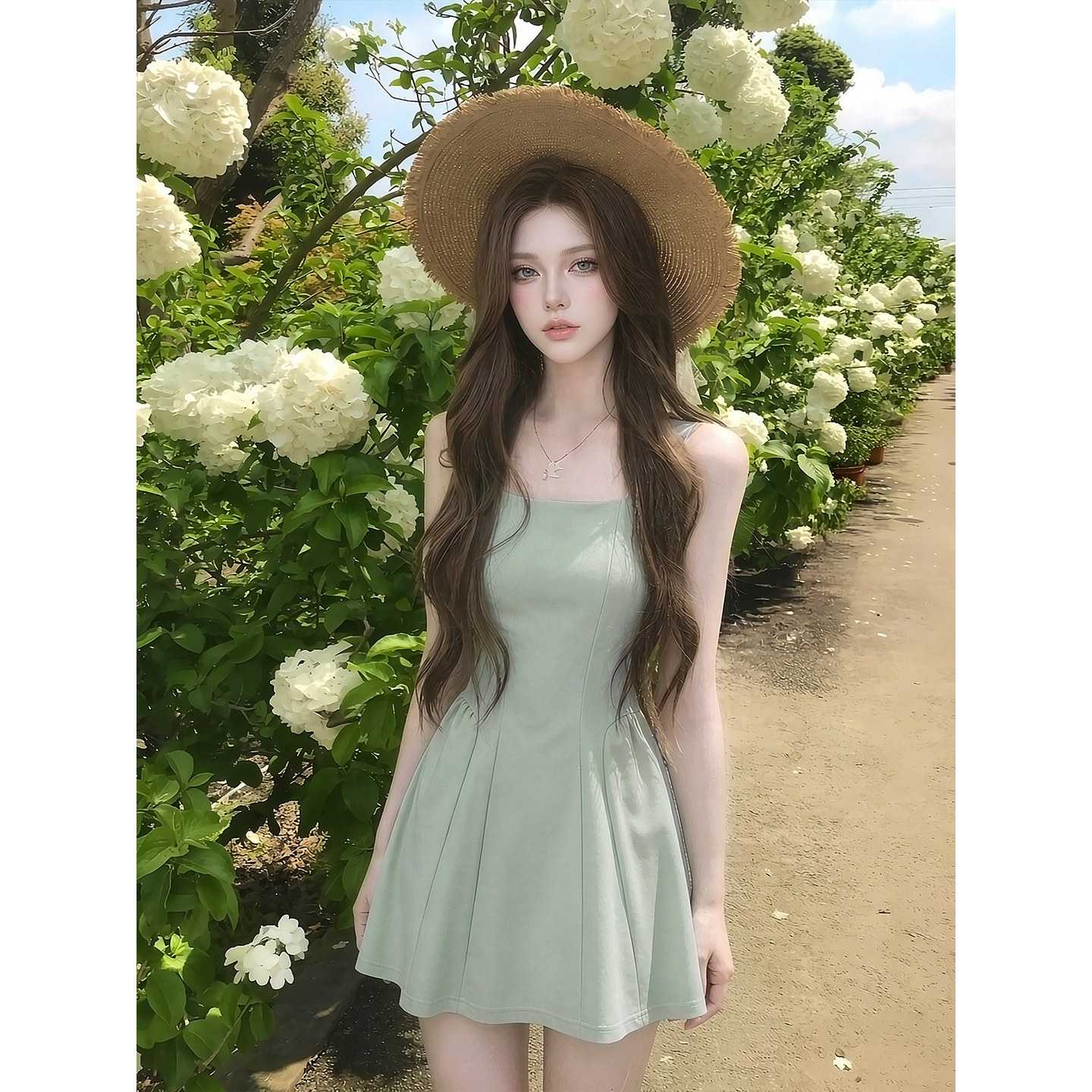 夏日法式绿色吊带高腰显瘦连衣裙图片