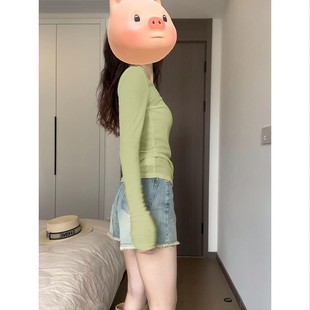 绿色防晒罩衫薄纱上衣女夏天多巴胺轻薄修身长袖t恤微透夏季上装