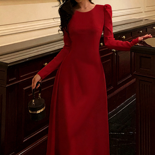 红色连衣裙女高级感主持人结婚敬酒订婚礼服长款裙子新年战袍冬季
