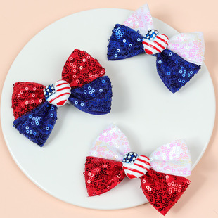 欧美儿童节日蝴蝶结发夹女童美国独立日亮片拼色鸭嘴夹子3色