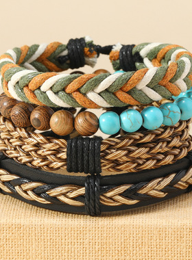 新款多层鸡翅木绿松石手工编织多件套皮手链 复古简约4件套皮手链