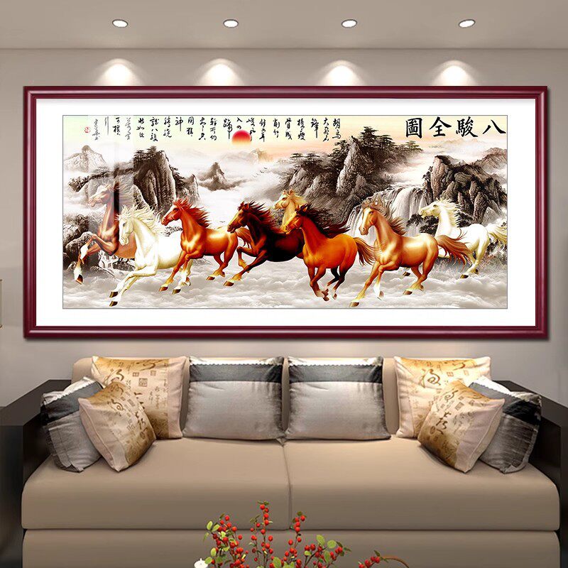 挂画客厅高级感八骏图装饰画酒店办公室风水壁画马到成功实木国画