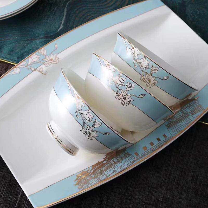 新款高档骨瓷餐具套装碗碟家用新中式轻奢陶瓷餐具简约乔迁碗盘筷