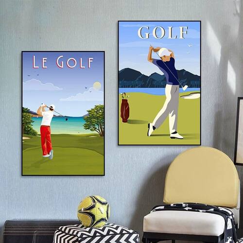 高尔夫球装饰画运动GOLF俱乐部挂画度假酒店体育健身动漫风壁画