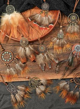 亚马逊热卖项链毛衣链捕梦网手工编织羽毛项链景区摆摊云南假日