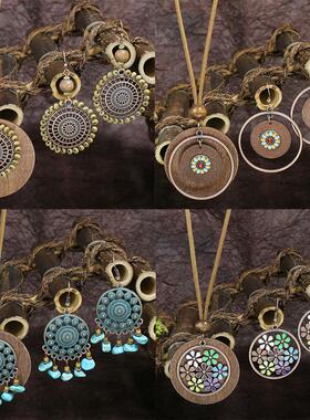 欧美复古毛衣链秋冬米珠几何花纹圆木片长项链耳环套装义乌