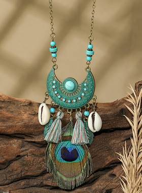 欧美时尚百搭街拍毛衣链 气质孔雀羽毛吊坠长款项链流苏配饰