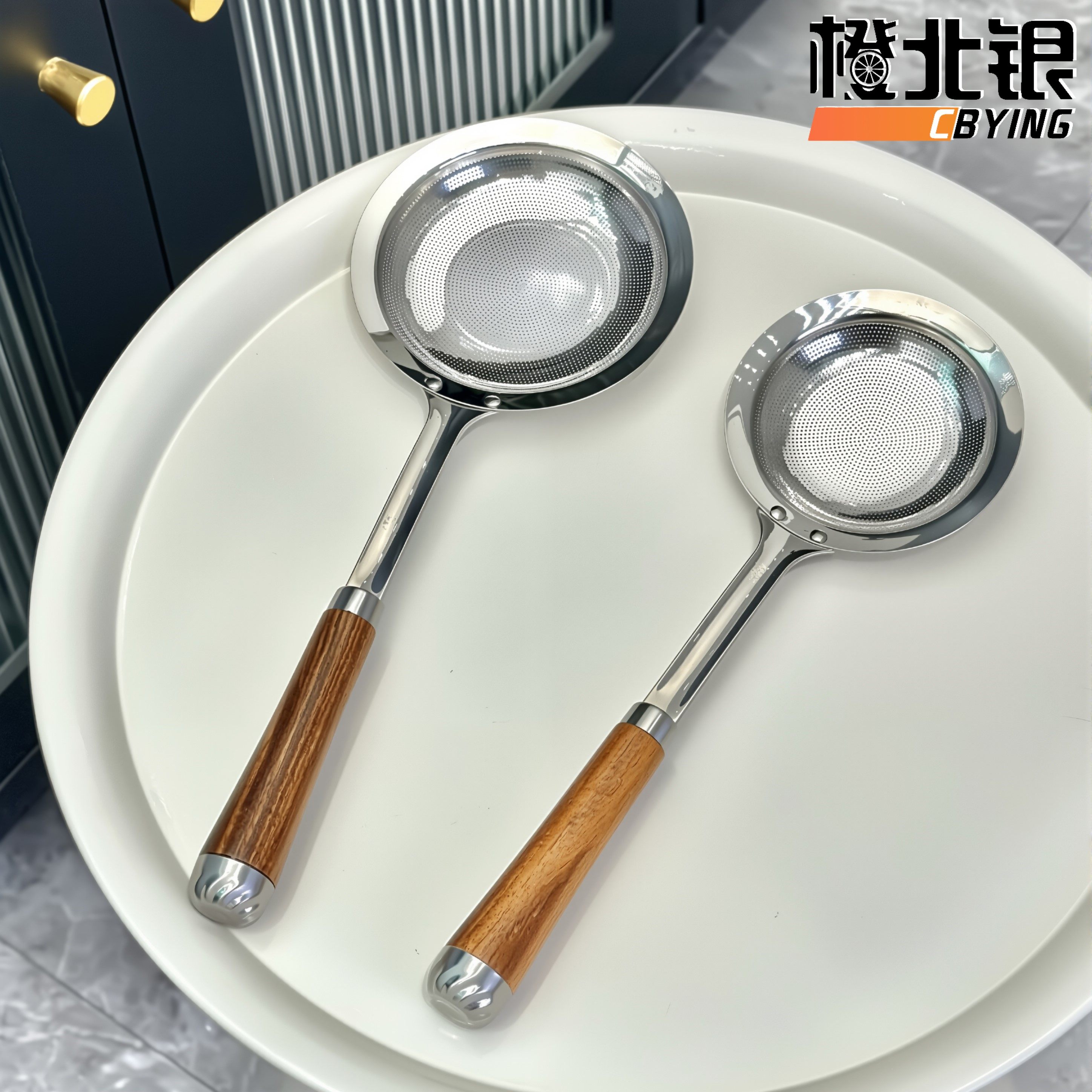 橙北银不锈钢304复古打沫勺ins风花梨木手柄厨房工具勺过滤勺抗菌