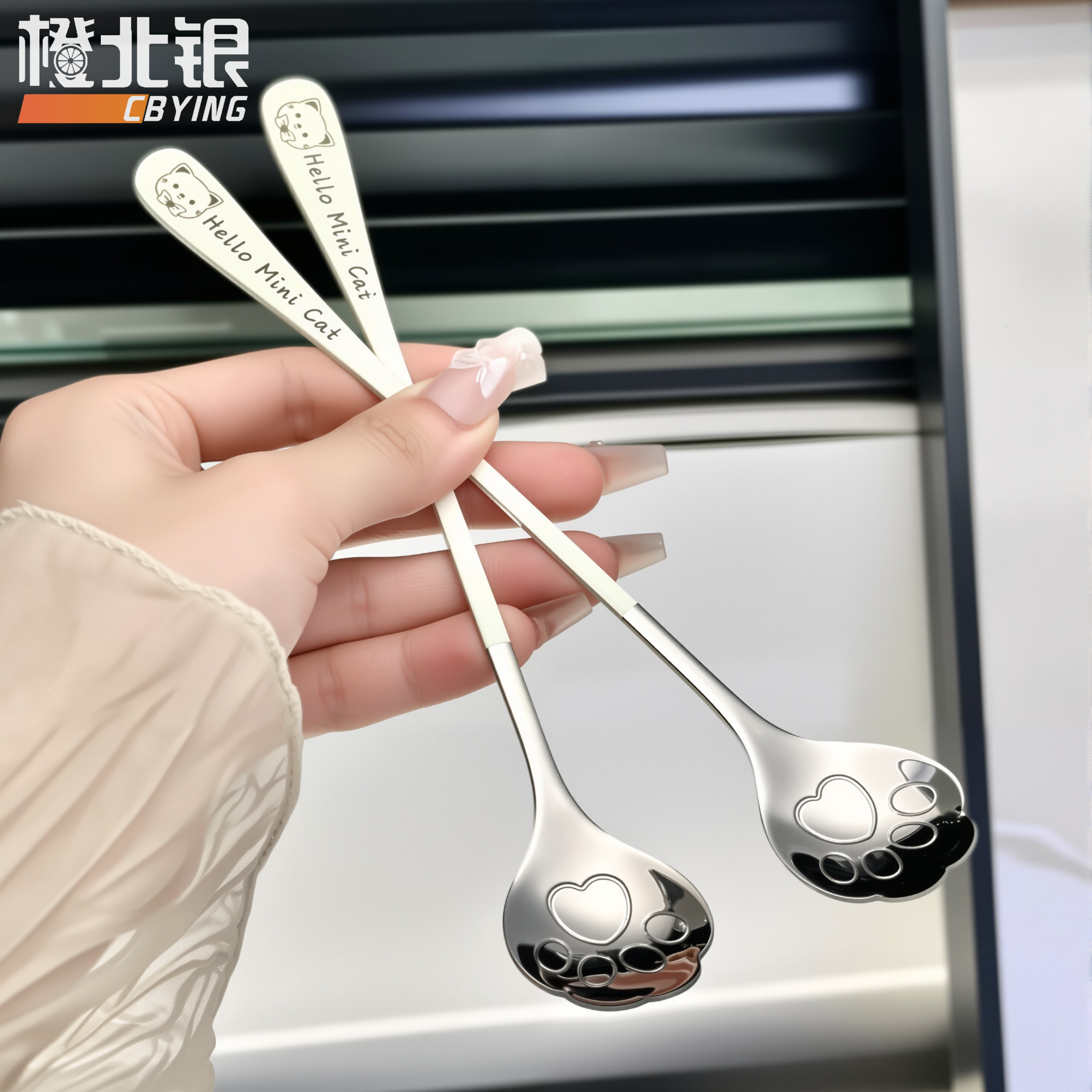 橙北银长柄卡通猫爪勺子304不锈钢创意甜品咖啡勺马克杯搅拌勺