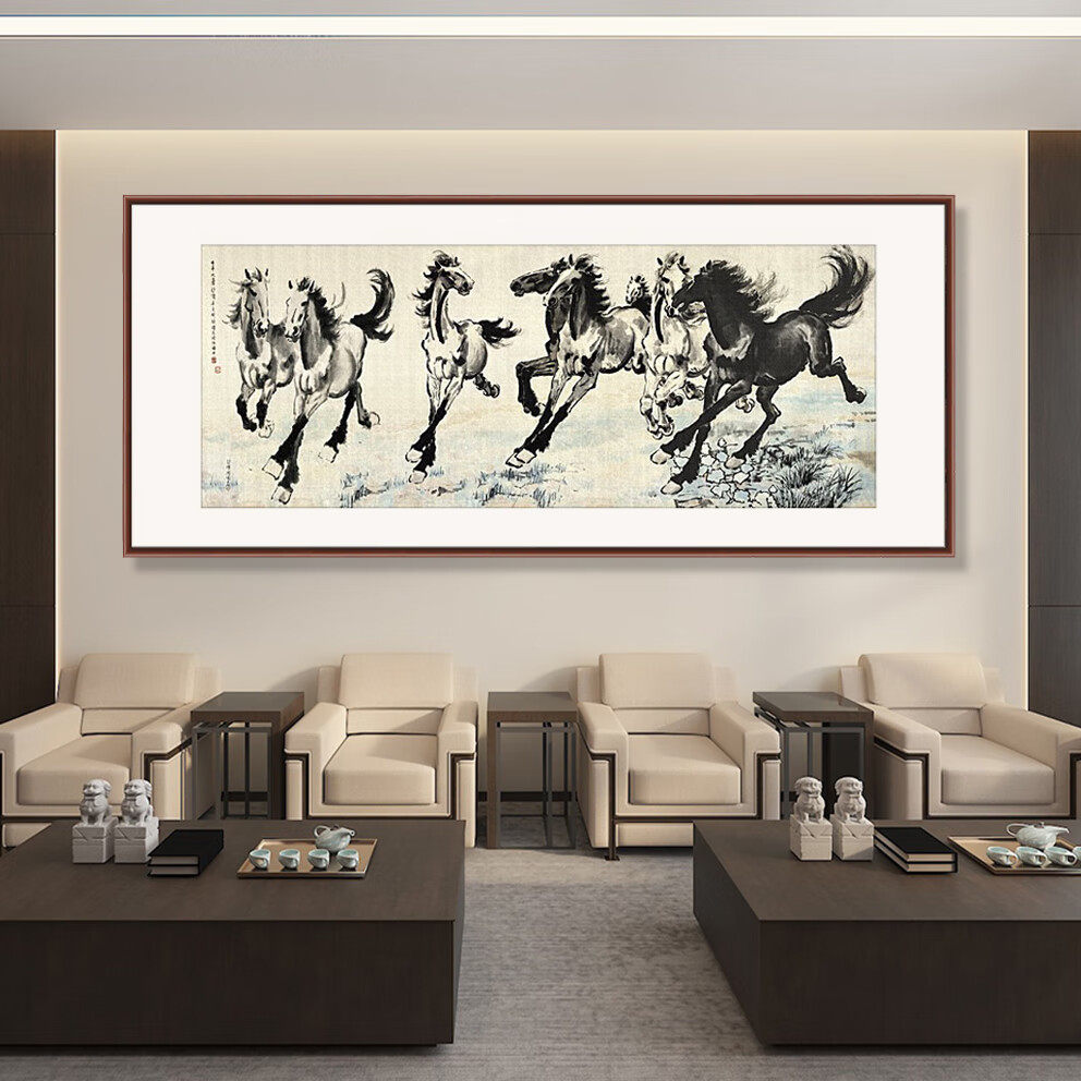 画典马到成功国画客厅装饰画办公室挂画书房茶室字画徐悲鸿八骏图