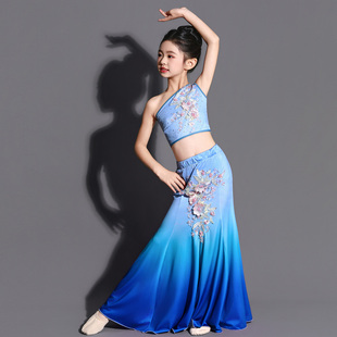 新款儿童傣族舞蹈演出服练功裙鱼尾裙孔雀舞表演服装女童艺考舞裙