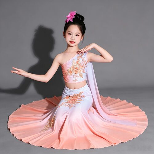 儿童傣族群舞蹈服练习裙渐变鱼尾