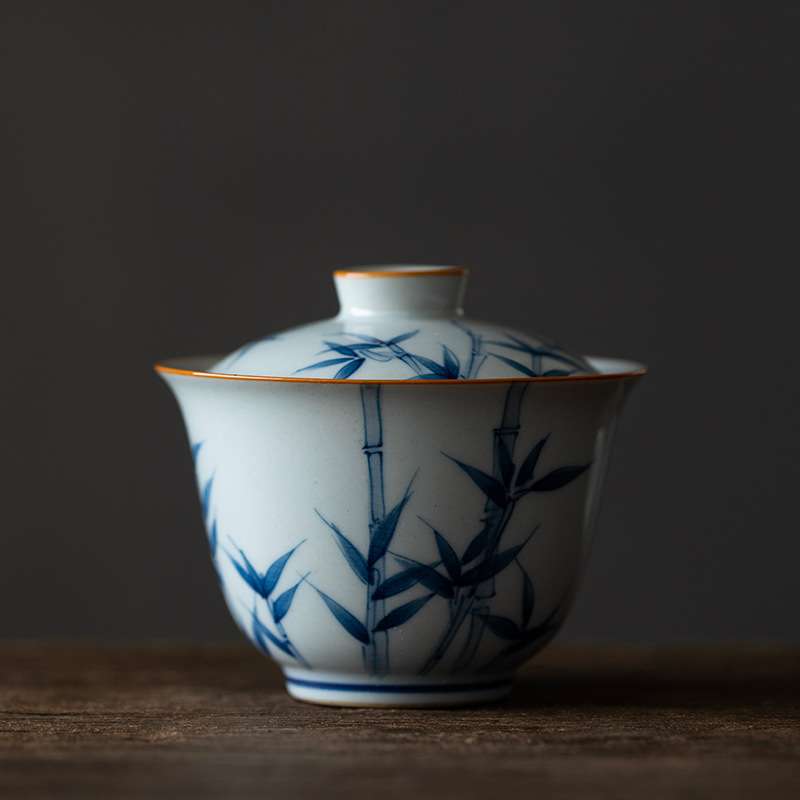 卓方手绘青花竹子二才盖碗家用手抓泡茶碗景德镇仿古泥陶瓷敬茶碗