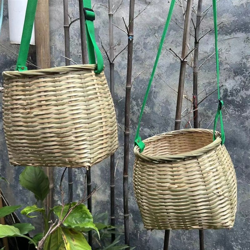 竹编采茶篓斜挎侧背采摘竹筐圆桶小号收纳筐表演道U具竹背篓竹篮