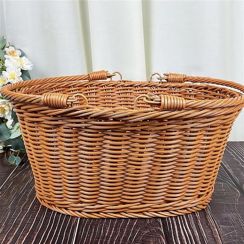 W022仿藤手工茶色椭圆家用买菜购物果蔬菜篮子K野餐收纳筐36*30*1