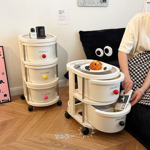 奶油风推车置物架卧室床头可移z动桌下落地收纳架零食小推车储物