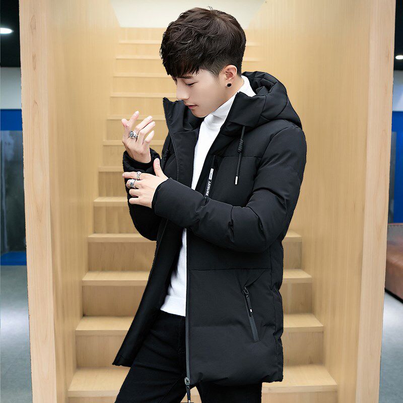 冬季羽绒棉服男士青年帅气中长款棉衣可H脱帽双拉链军大衣加厚棉