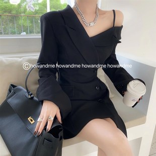 西装连衣裙2020秋装新t款不对称设计感复古法式露肩收腰显瘦A字裙