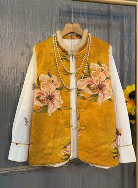 加大码女装长袖刺绣花朵小衫w胖妹妹复古风毛边立领盘扣国风棉马