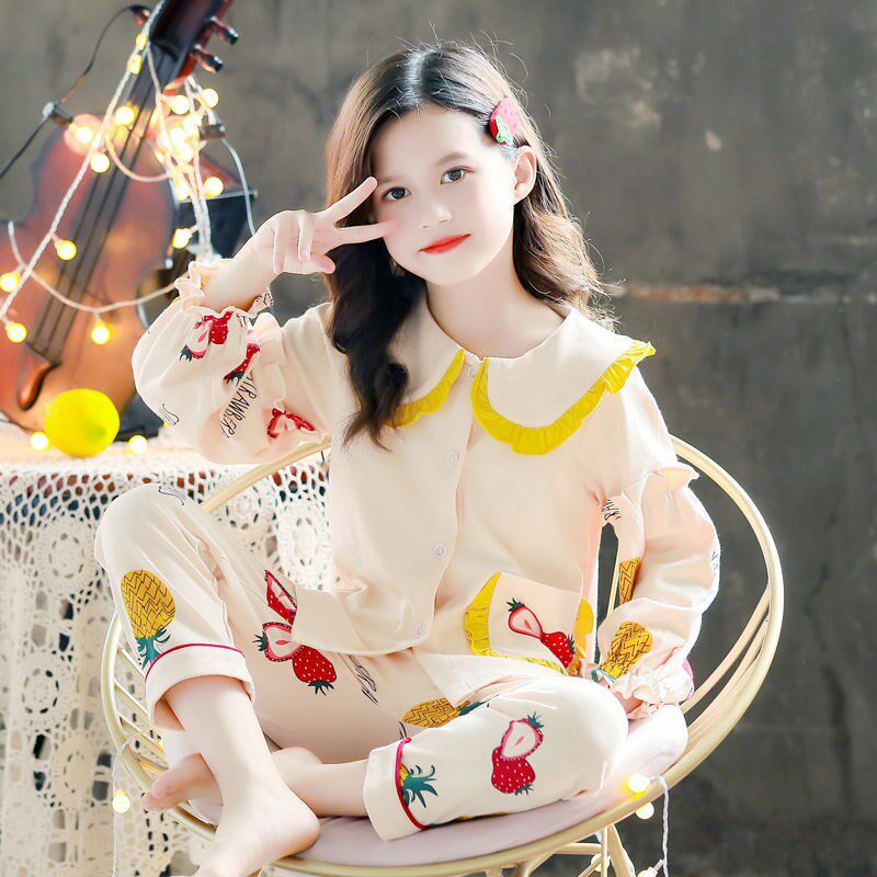 儿童睡衣女童春秋季纯棉长袖薄款卡通中大童N小女孩公主家居服套