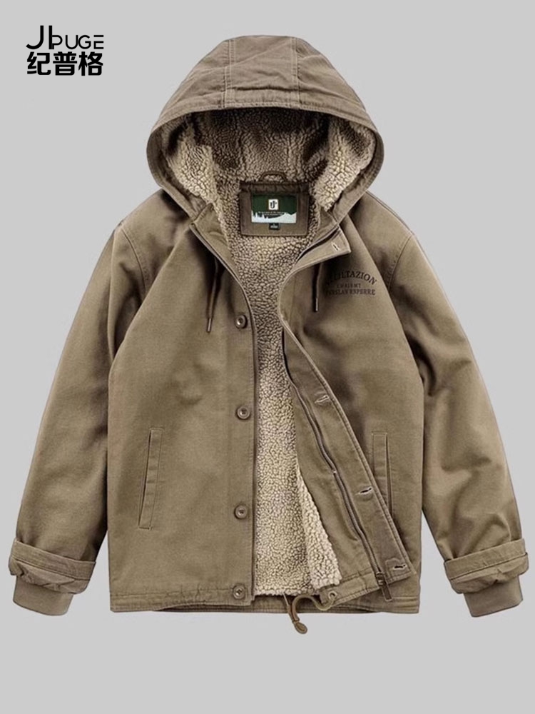 纪普格加绒棉衣外套男士2024年秋冬季加厚美式连帽羊羔绒夹克男