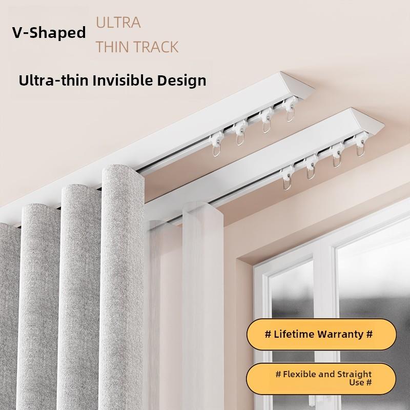 超薄窗帘轨道隐形窗帘杆v型静音滑轨明装极窄顶侧装免打孔窗帘盒