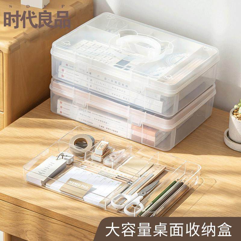 大容量双层收纳盒办公学生桌面文具收纳家用杂物置物盒带盖整理盒,收纳整理,桌面收纳盒,淘宝优惠券,粉丝福利购,淘宝优惠卷