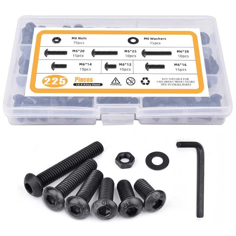 225pcs圆头内六角螺丝M6盘头内六角机螺钉螺母平垫盒装螺栓