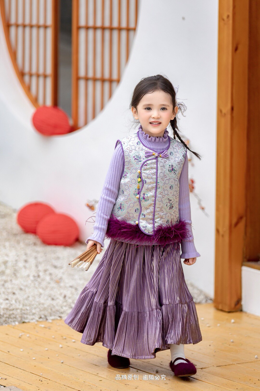 女童冬季汉服宋锦夹棉马甲紫色毛绒网红款女孩新中式三件套拜年服