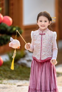 儿童汉服套装 秋冬季 宋锦夹棉马甲三件套年服 国风套装 25女童新中式