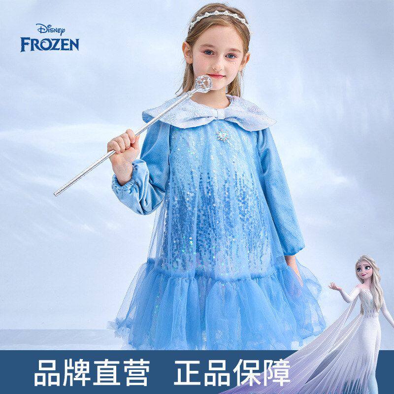 迪士尼童装女童长袖连衣裙艾莎公主春季新款网纱蓬蓬裙儿童裙子