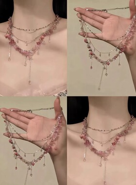 清新甜美韩版小众仿水晶多层叠戴项链女轻奢设计感时尚个性锁骨链
