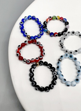 跨境复古蓝眼睛恶魔之眼戒指弹力松紧指环 琉璃串珠饰品厂家直销