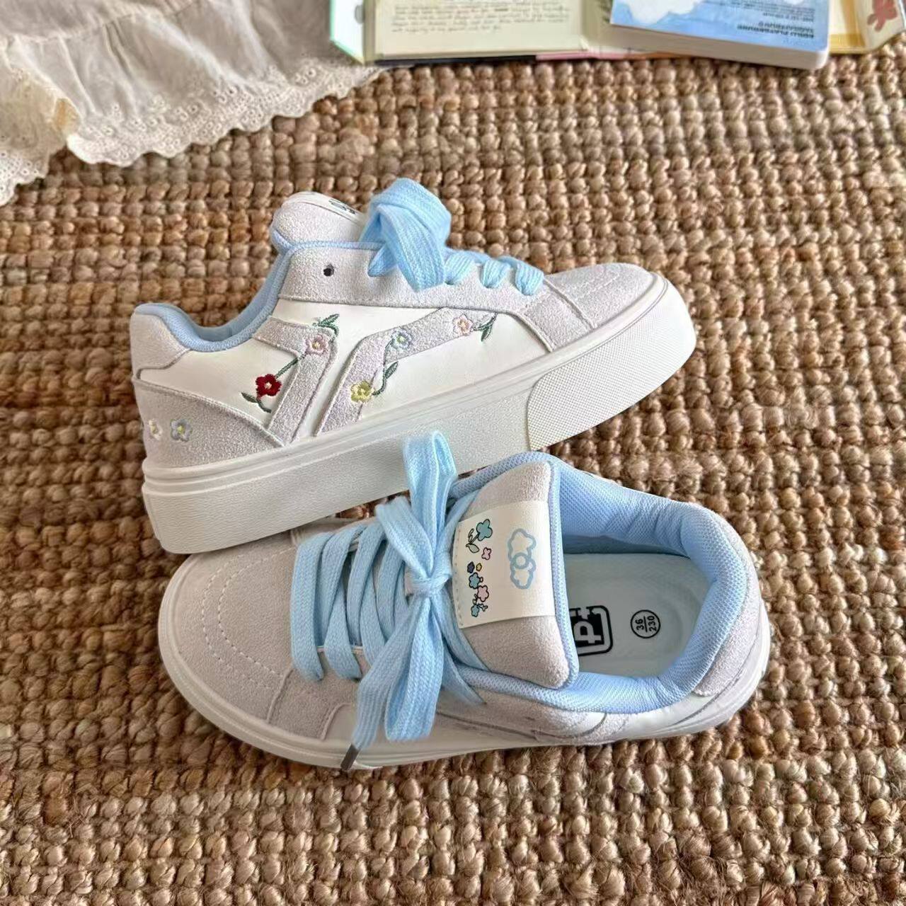 春季夏少女风厚底小白鞋花朵刺绣