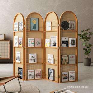 折屏藤编屏风隔断客厅实木折叠可移动小户型遮挡入户民宿杂志书架