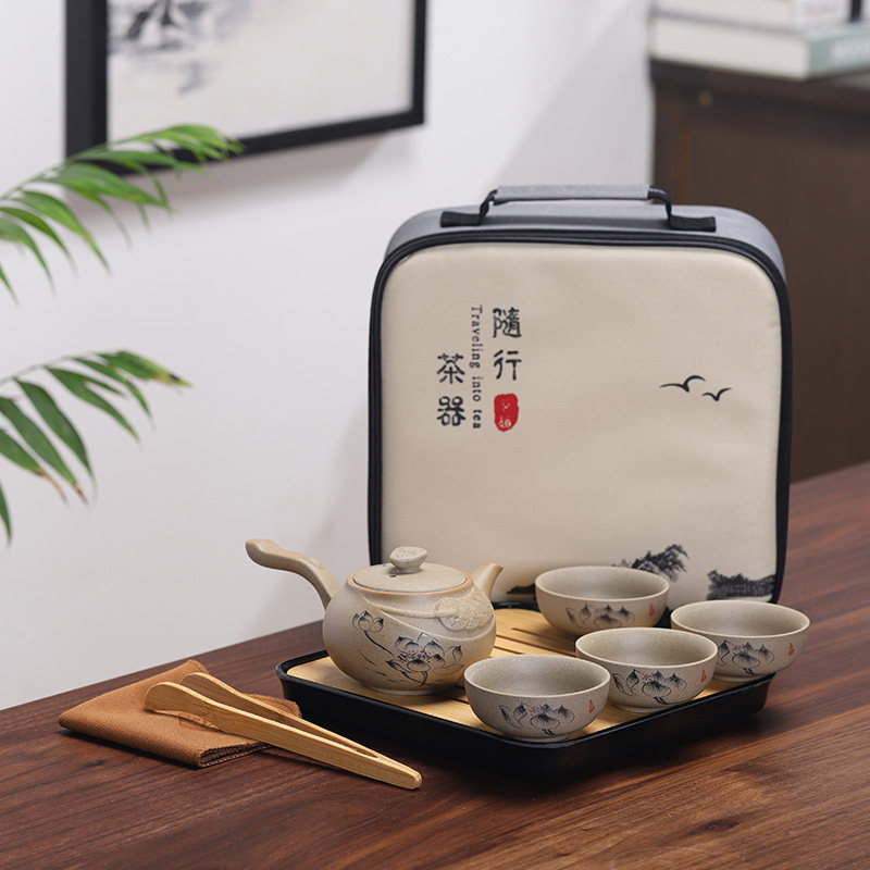 便携式粗陶紫砂旅行茶具功夫茶具侧把壶一壶四杯公司礼品定制老泥
