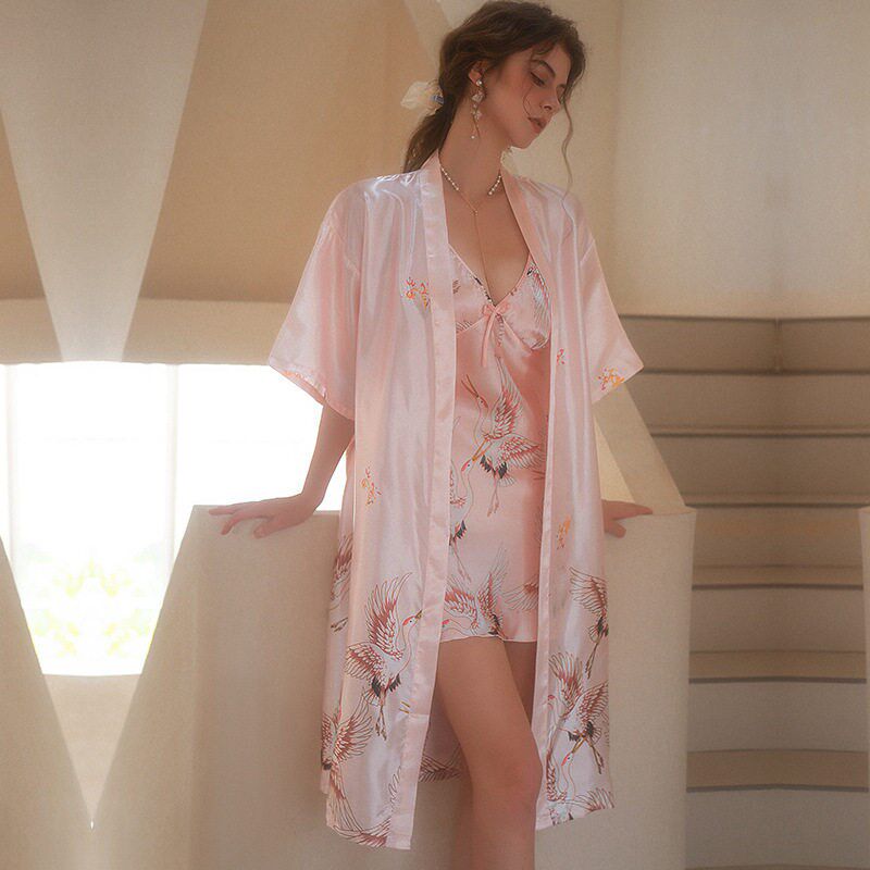 晨袍女新娘结婚婚礼姐妹服伴娘团仙鹤浴袍睡袍高级感长款红色睡衣