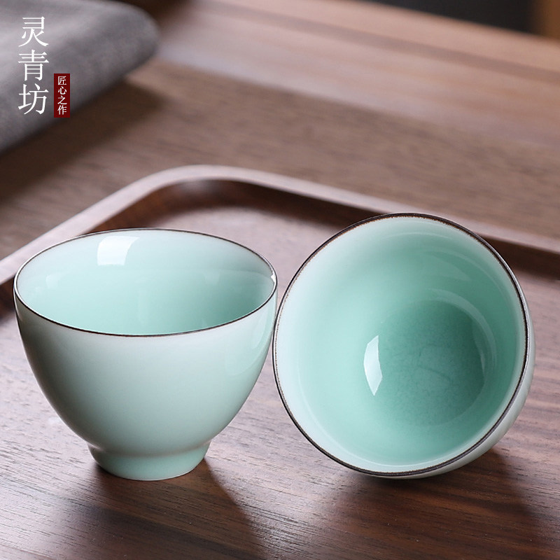 手工品茗杯陶瓷单个青瓷茶盏单只功夫茶杯主人杯单杯弟窑薄胎厚釉