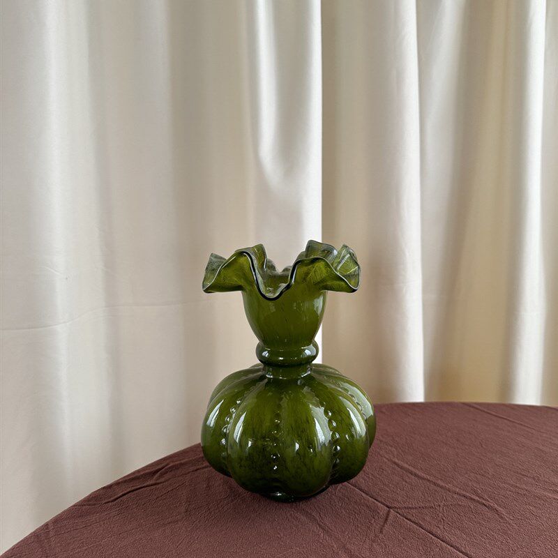 Vintage中古芬顿风复古法式墨绿色褶皱瓶口南瓜肚琉璃花瓶美人瓶