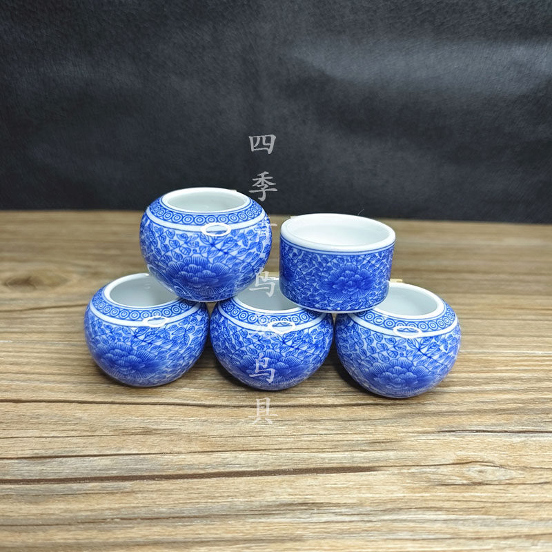 精品青花瓷千叶牡丹小鸟鸟食罐绣眼玉鸟鸟食杯鸟碗鸟缸五件套