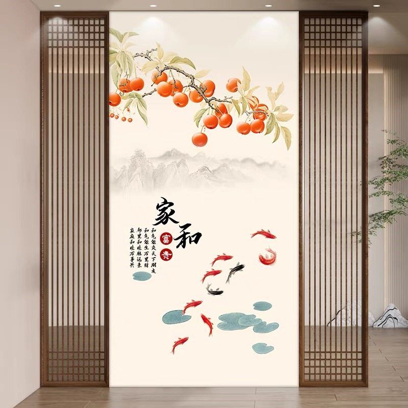 入户玄关瓷砖背景墙岩板客厅家和壁画3D微晶石墙砖装饰新中式山水