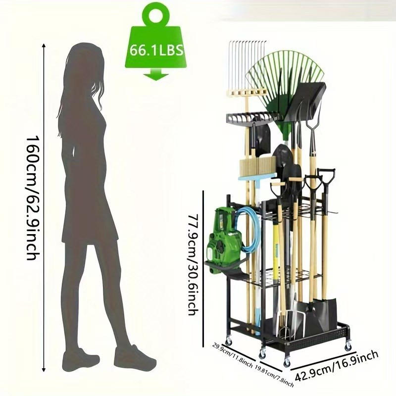 园林庭院清洁用具收纳架三层铁艺带轮花园移动农用工具收纳置物架