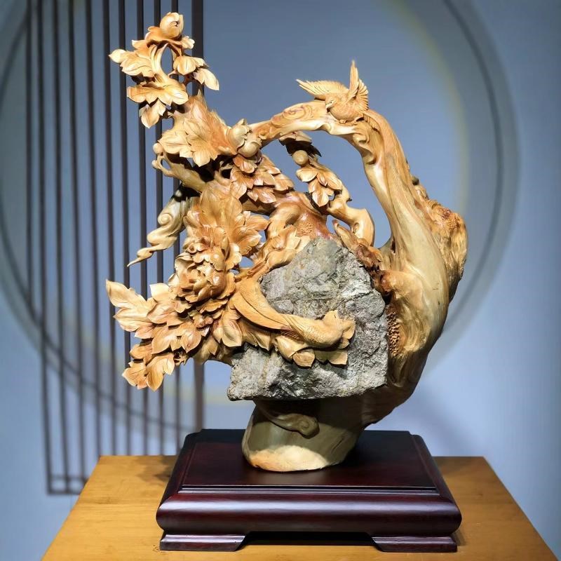 太行崖柏根雕山水花鸟风景木雕摆件迎客松盆景玄关人物家居装饰品