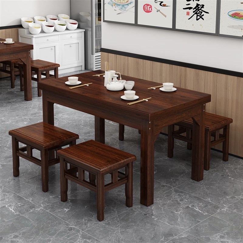 包邮碳化快餐桌椅实木饭店小吃店面馆餐桌火锅烧烤商用餐桌椅组合