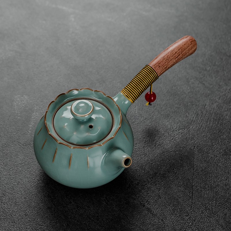柏韵邱卫国汝窑禅莲侧把壶汝瓷开片可养陶瓷茶壶茶具泡茶器单壶