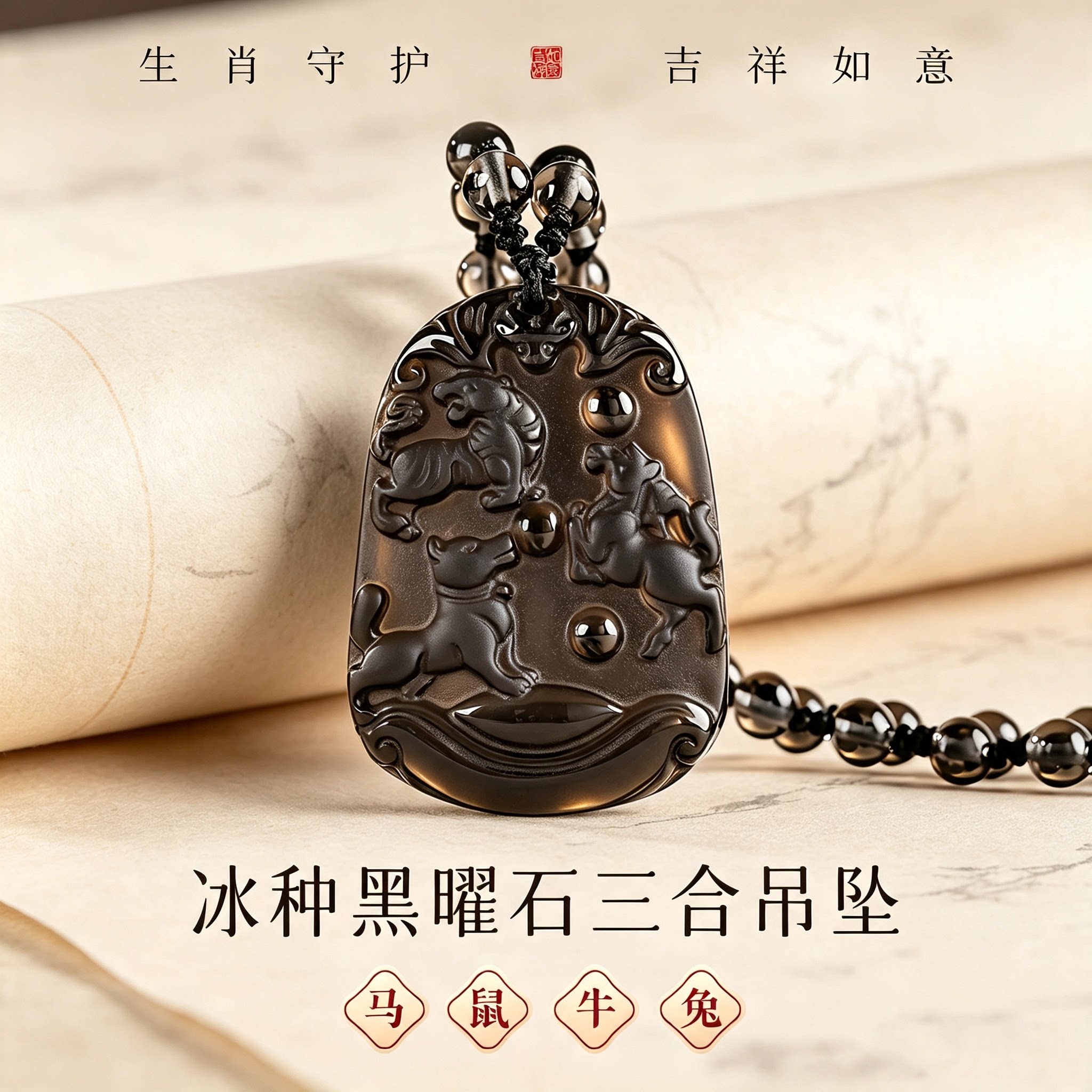 天然黑曜石生肖三合本命年吊坠