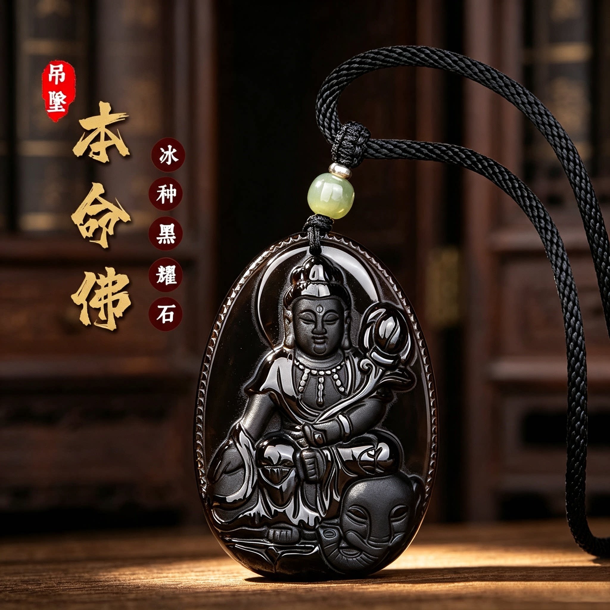 天然冰种黑曜石本命佛转运护身