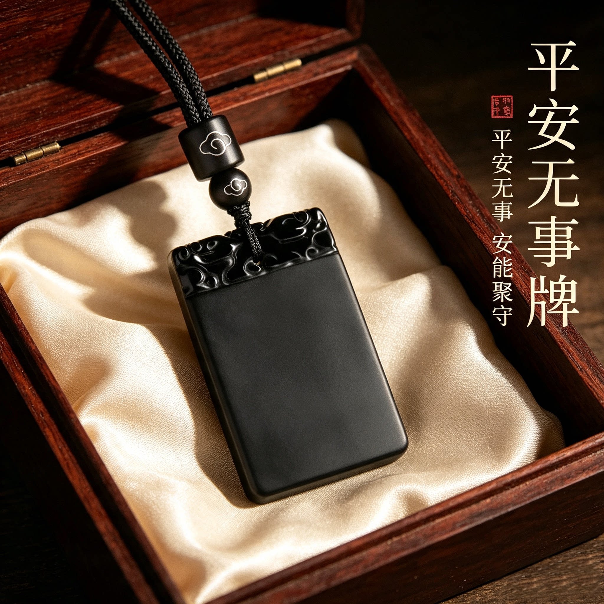 天然黑曜石无事牌吊坠刻字定制